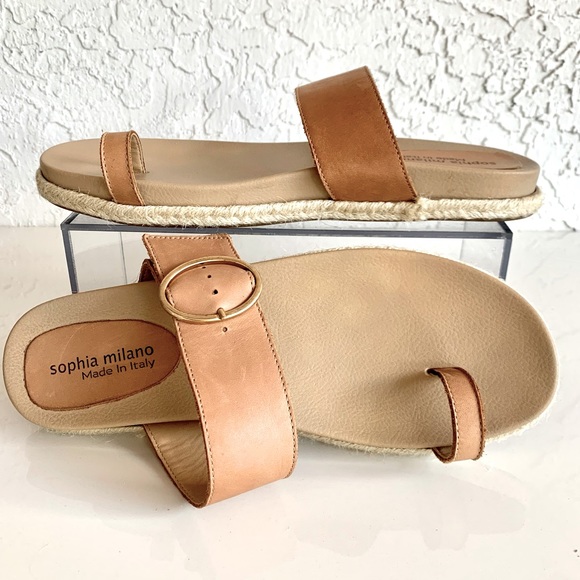 SOPHIA MILANO Leather Strap Slide Rope Platform Slide Italian Sandals Tan Size 9 - Picture 1 of 13